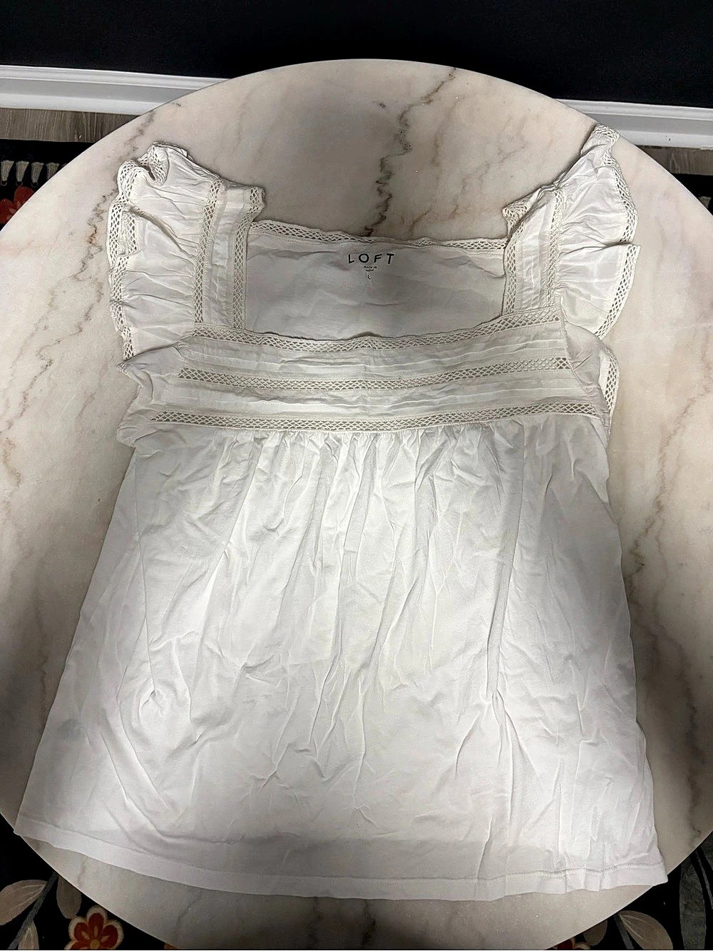 LOFT Lace Trim Square Neck Top White Large